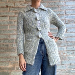 Vintage Mohair Cardigan 90s does 60s Blue Green Pastel Fuzzy Long Line Fitted